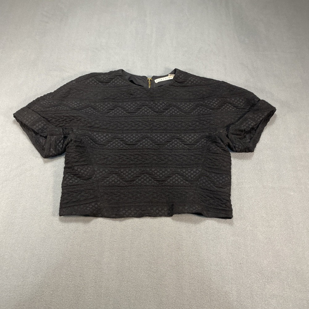 Alice Olivia Black Textured Crop Top Zip Back Size 2 Boxy Boho Chic